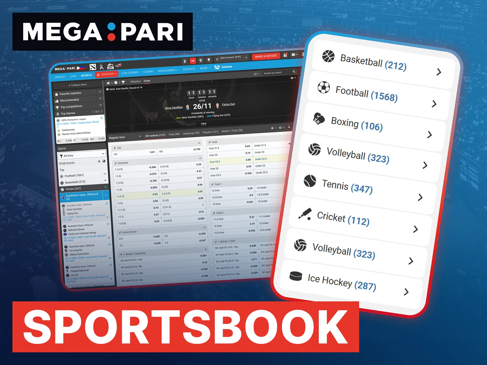 The Megapari Sportsbook offers Philippines players over forty disciplines with favorable odds and fast payouts.