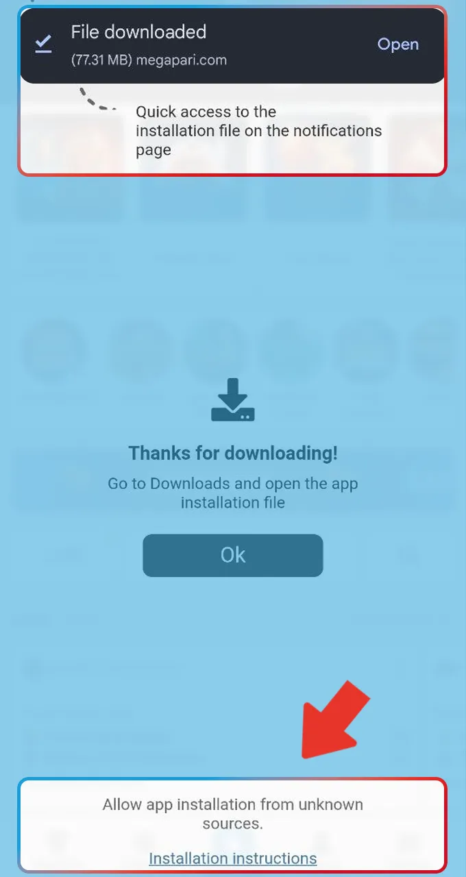Adjust phone settings to allow installations from unknown sources for the Megapari app.