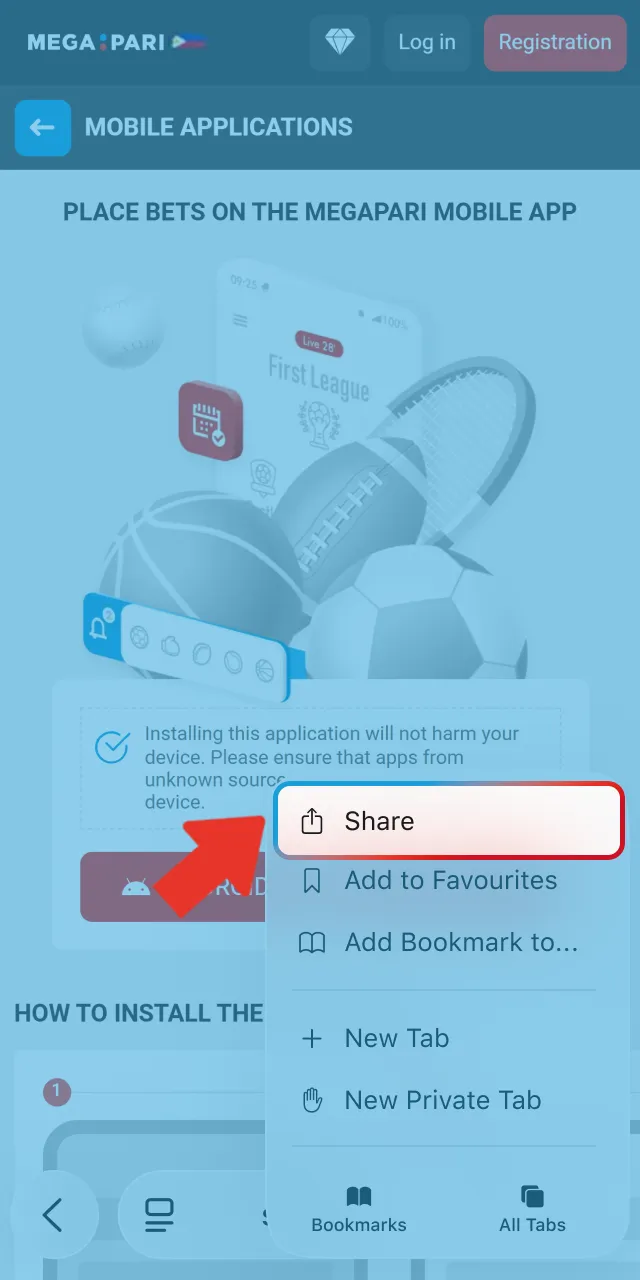 Tap the Share icon in your iOS browser menu to open the list of available actions.