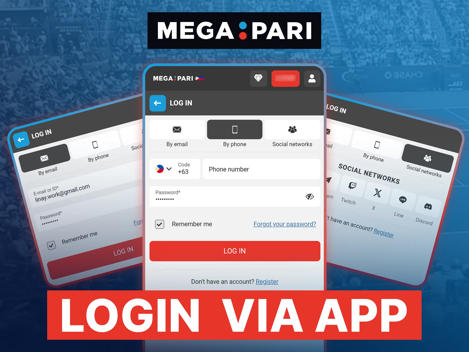 Quickly log in to your official Megapari account via the mobile app using your phone number or email.