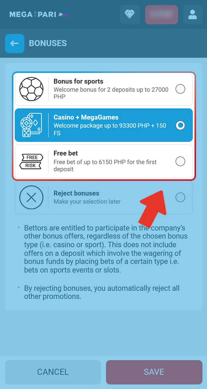 Opt in to Megapari bonus offers in your account settings before making a real cash deposit.