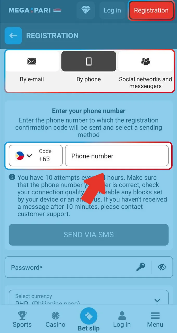 Create your official Megapari casino account and confirm PHP as your primary currency.