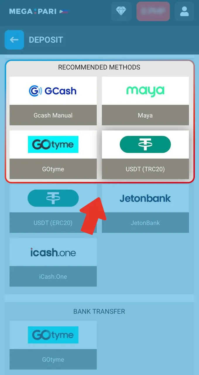 Make a minimum deposit in PHP using GCash or Maya to fund your Megapari casino account.