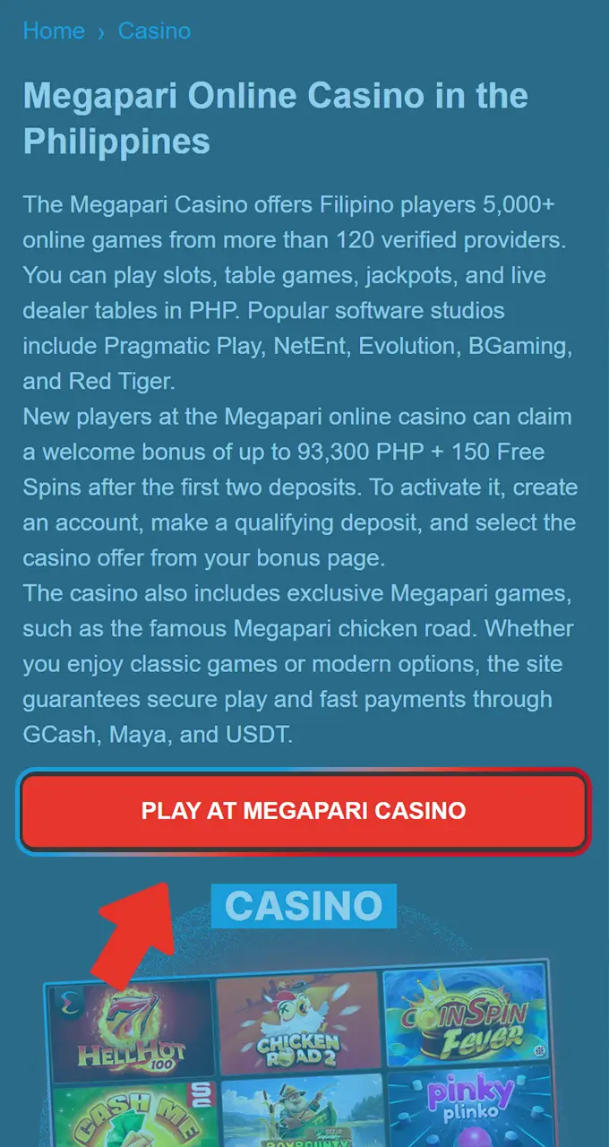 Open the official Megapari website and click the Casino section to access all available games.