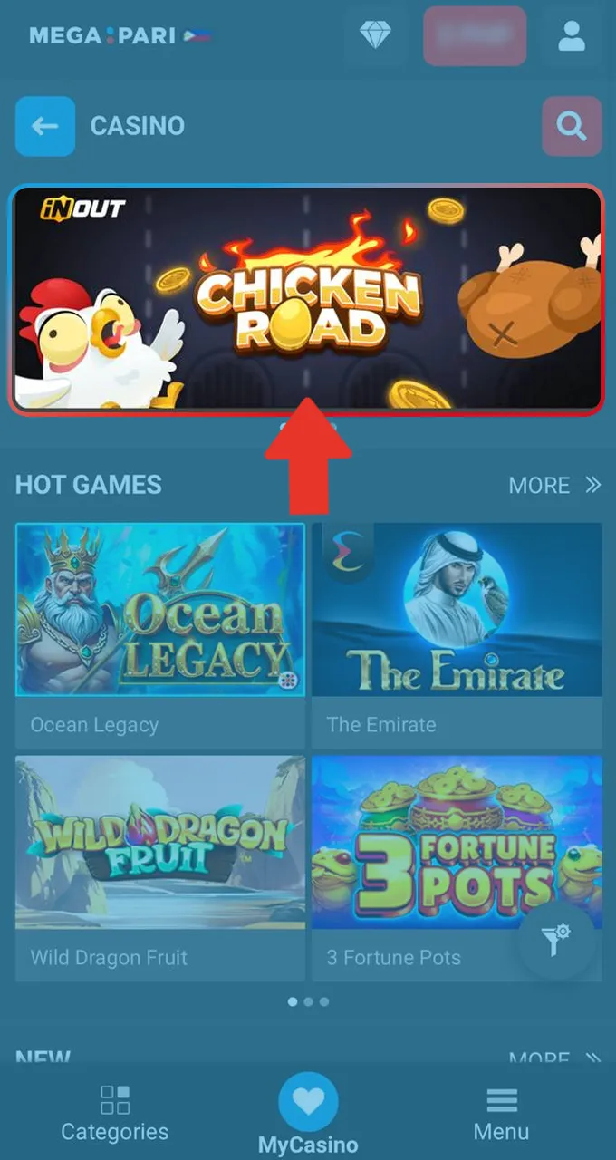 Start playing in the Megapari casino lobby, choosing from slots, poker, or special original games.