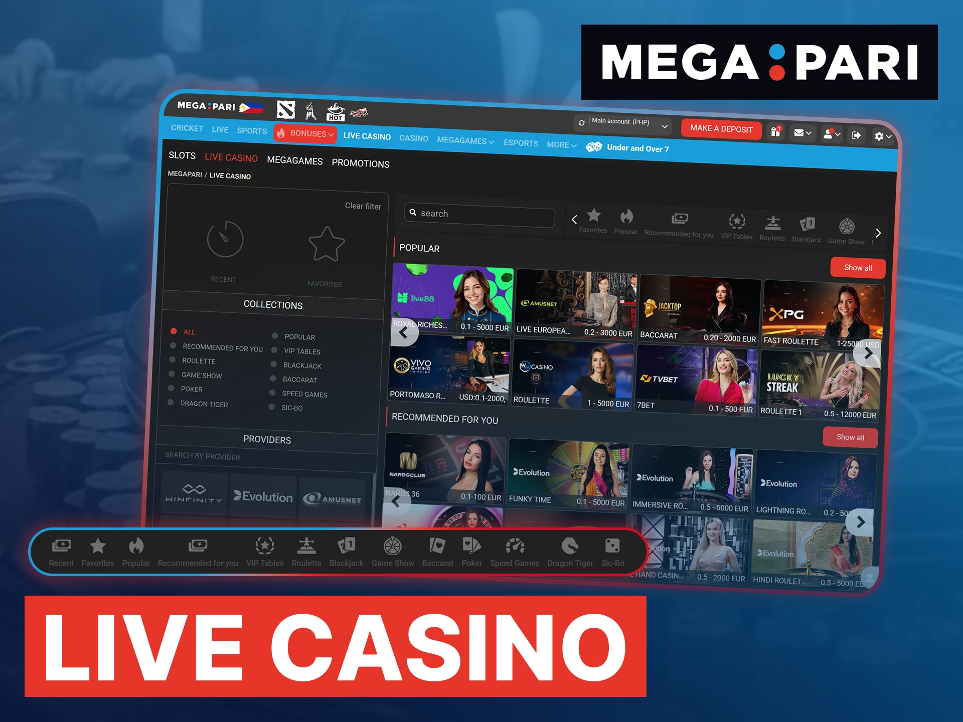 Megapari Live Casino offers Filipino players real dealers, HD streams, and a wide variety of exciting games.