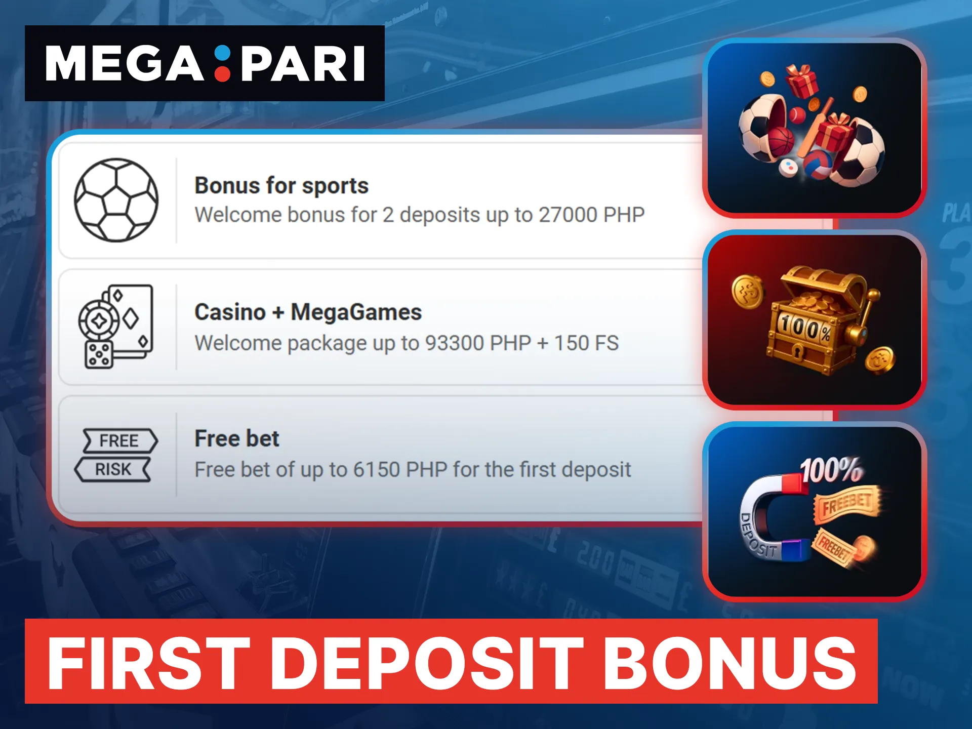Claim your choice of the sports or casino welcome bonus after your first deposit at Megapari.