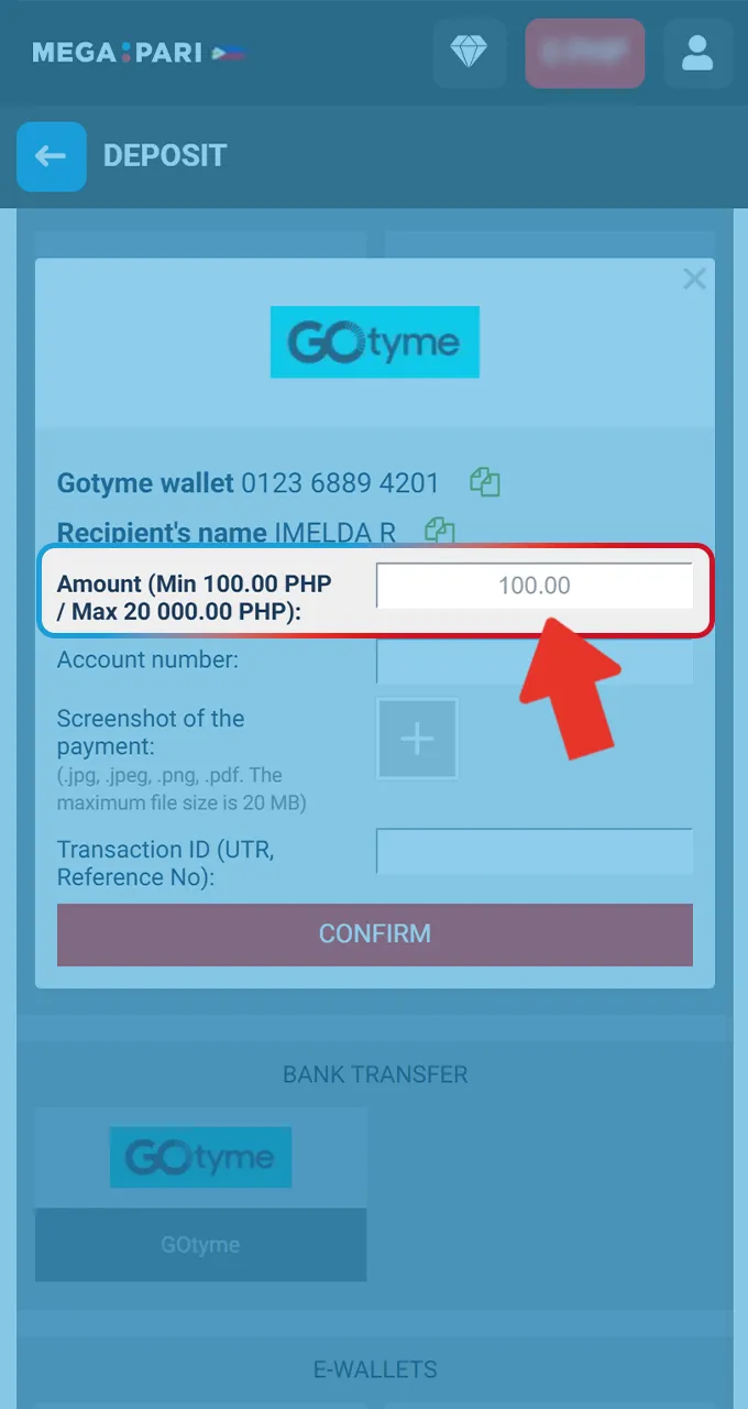 Enter your deposit amount in PHP within the required limits on the official Megapari platform.