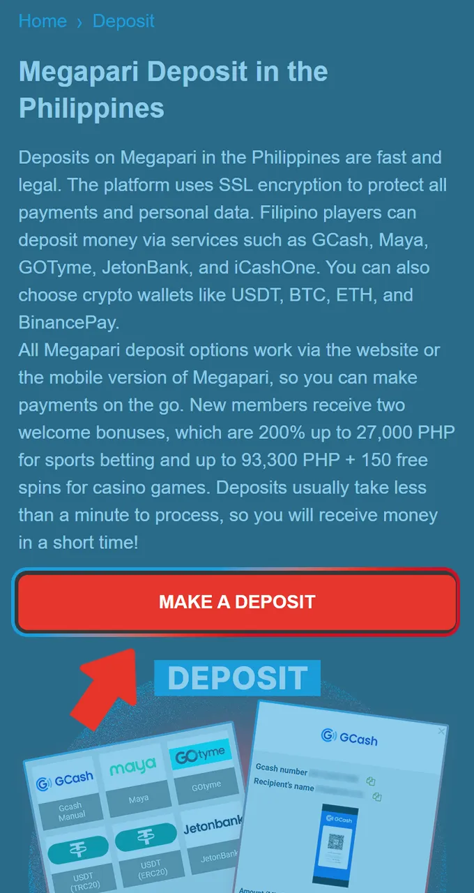 Open the official Megapari deposit page to check all available payment methods for Filipino users.