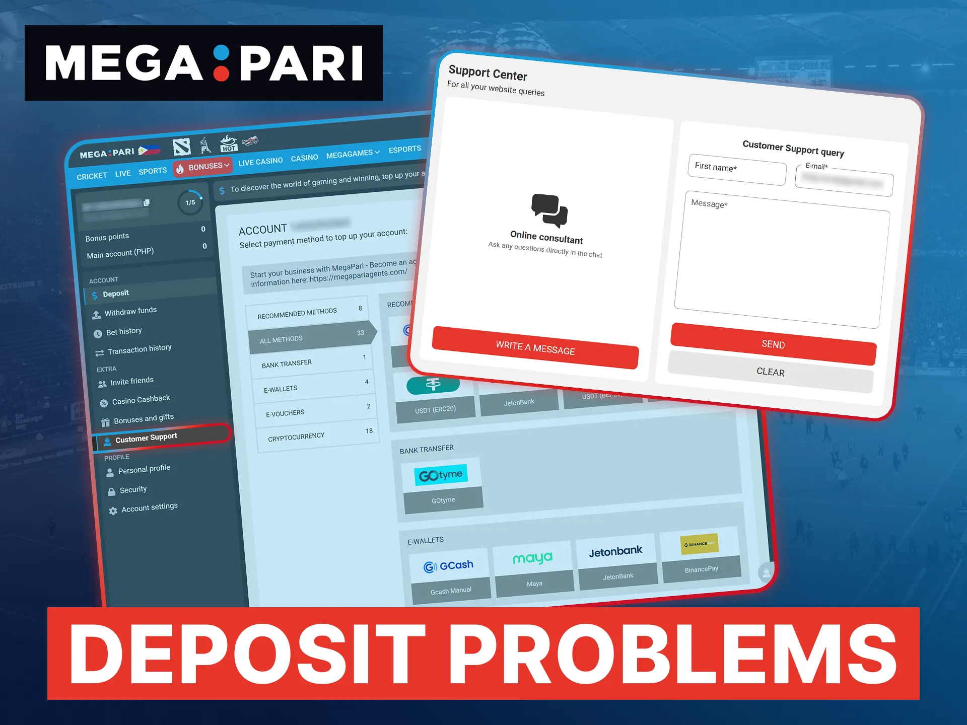 Contact the Megapari 24/7 support team instantly via live chat to troubleshoot any deposit problems.