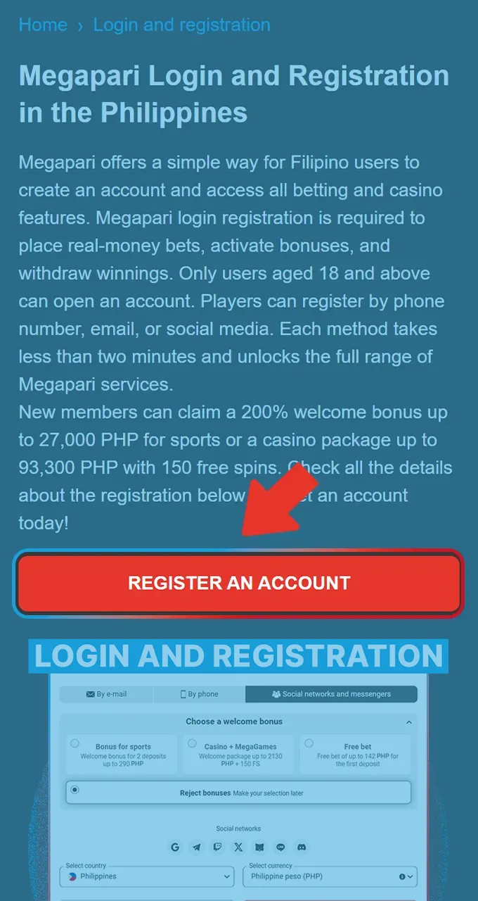Open the official Megapari registration page to choose your preferred sign-up method.