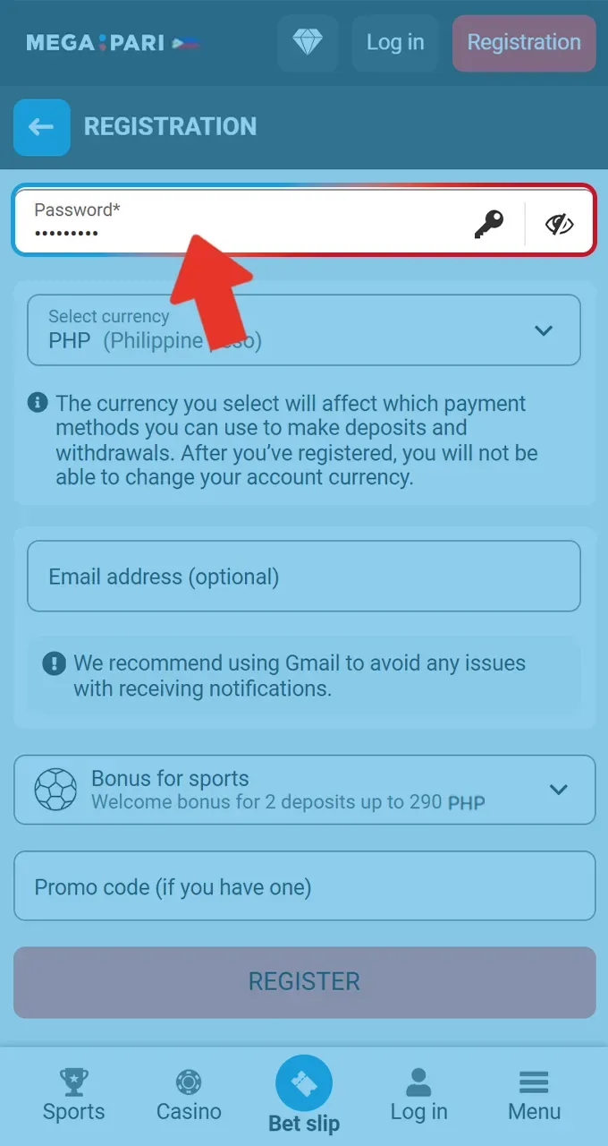 Create a strong and secure password for your new official Megapari account.
