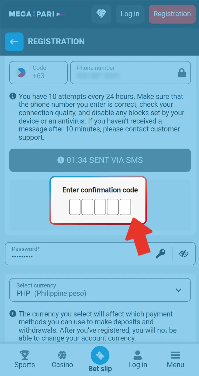 Enter the verification code received via SMS to confirm your phone number for Megapari.