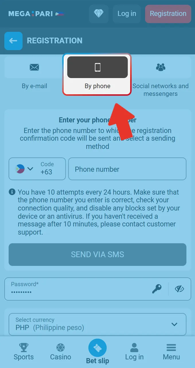 Select the By Phone option and enter your mobile number for Megapari account registration.
