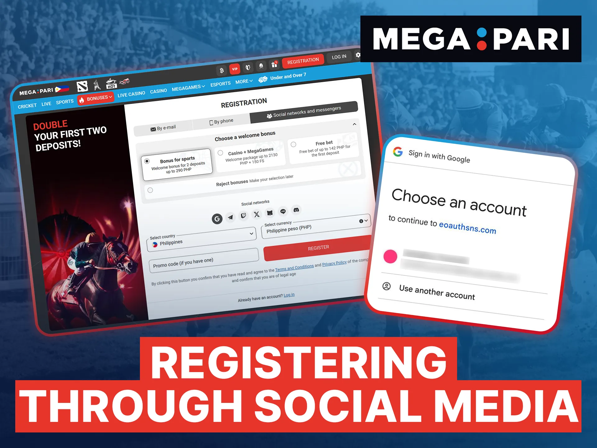 Register instantly through social media platforms like Google or Telegram on the Megapari site.