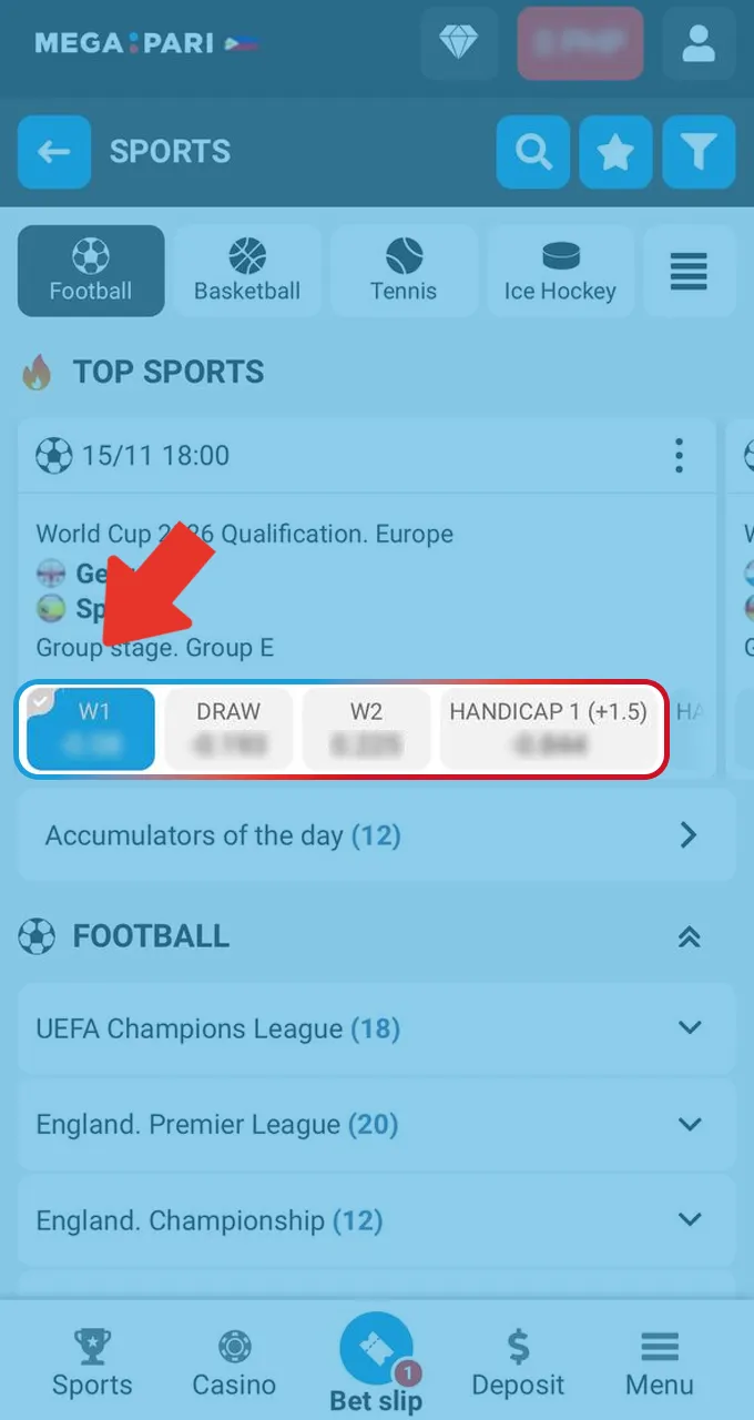 Tap the odds to add your desired selection to the Megapari bet slip on the right side.