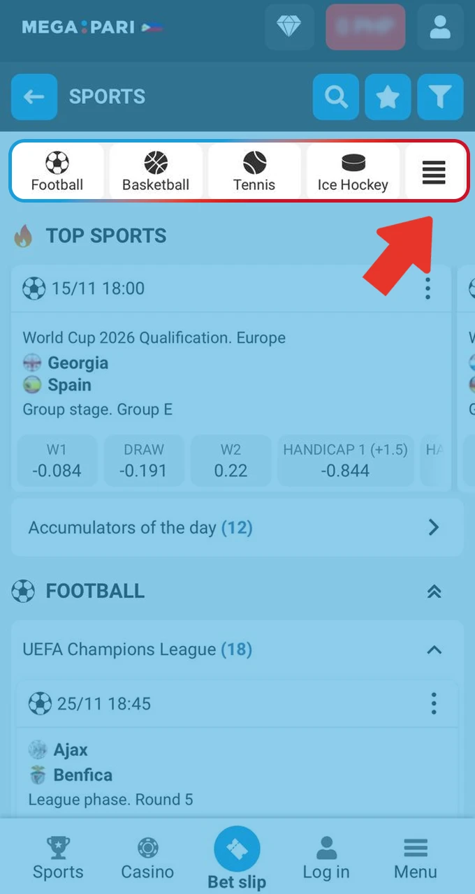 Choose your preferred sport like football or cricket from the wide range of Megapari events.