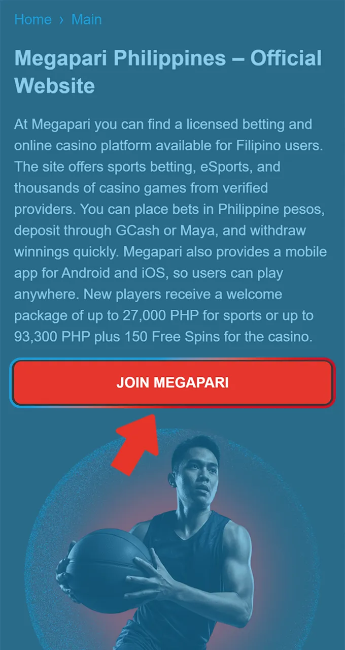 Open the main Megapari sports section to browse dozens of available sports categories and matches.