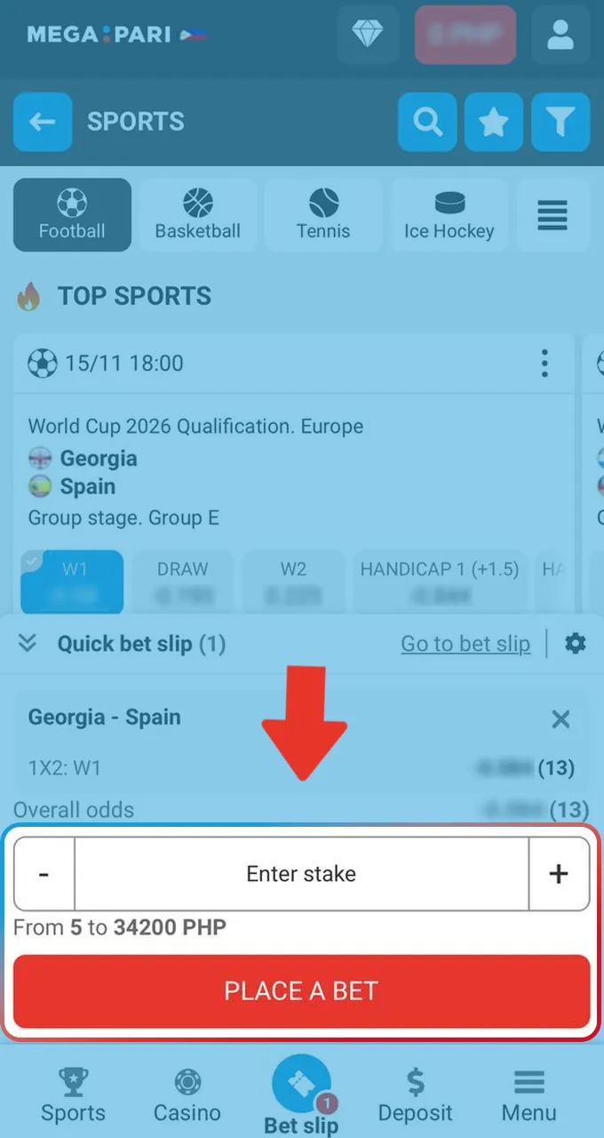 Enter your stake and press the Place Bet button to confirm your bet with Megapari.