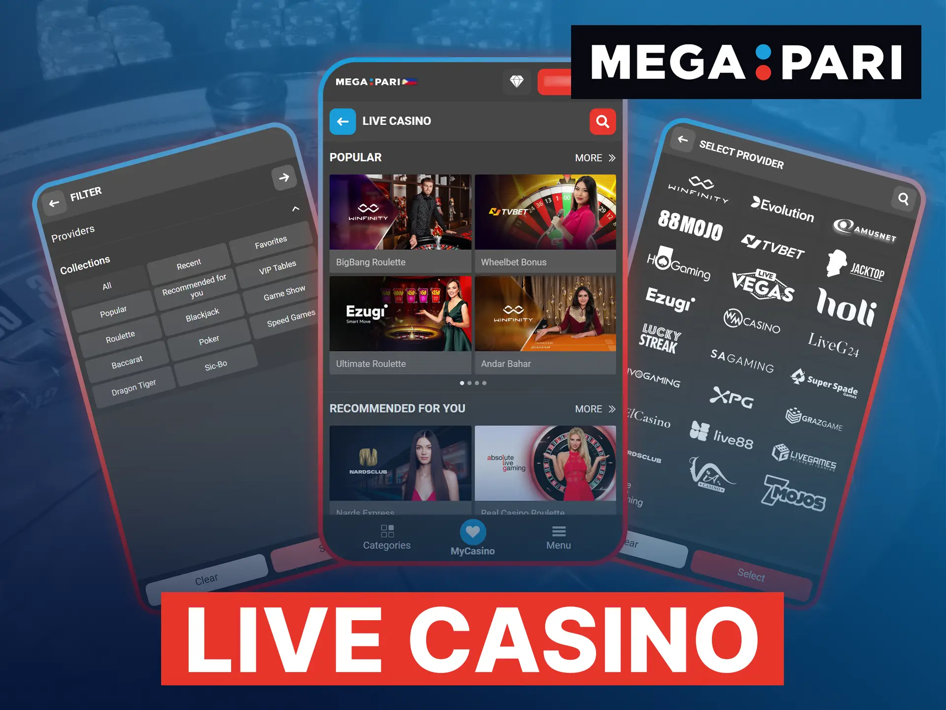 Enjoy high-quality Megapari Live Casino games, including real Roulette and Blackjack tables with professional dealers.