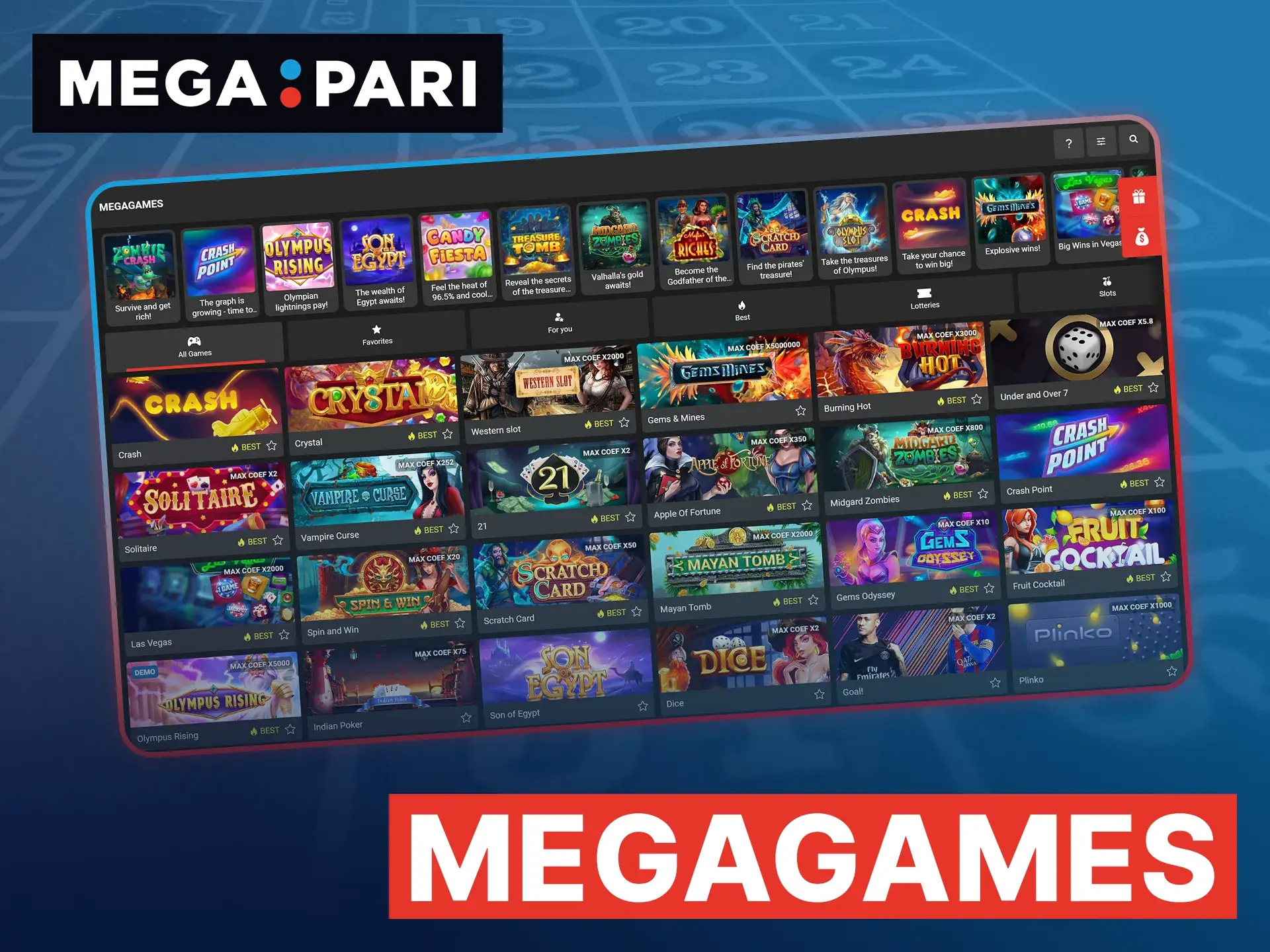 Explore the unique MegaGames section featuring exclusive, fast-payout arcade titles created only for Megapari.