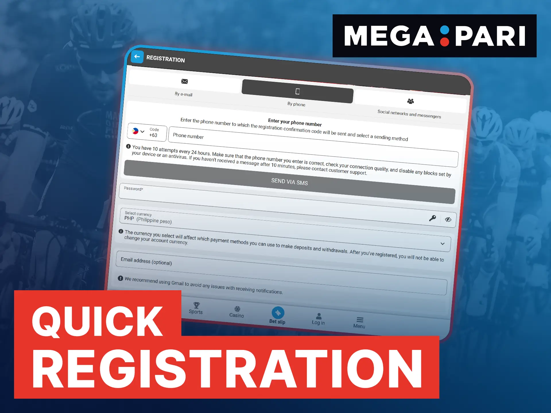 Complete your quick registration on the official Megapari betting site to access all casino and betting sections.