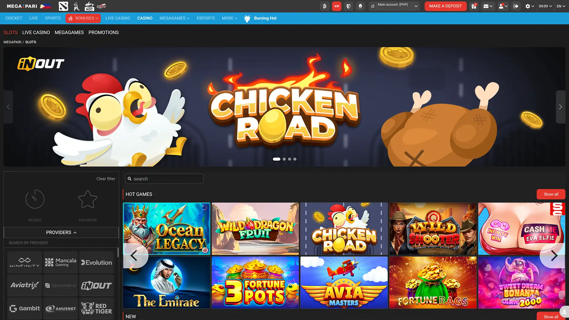 Play thousands of slots and join live casino tables from leading providers on Megapari PH.