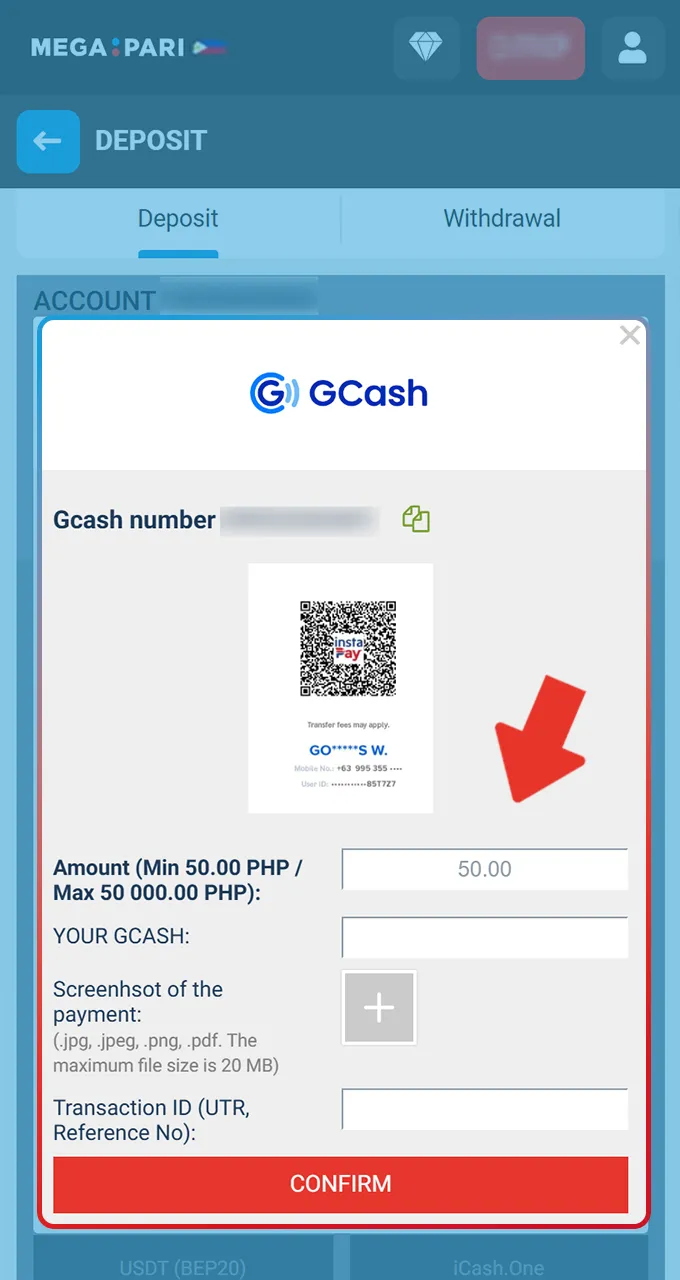Make a secure deposit in PHP using your chosen payment option on the Megapari website.