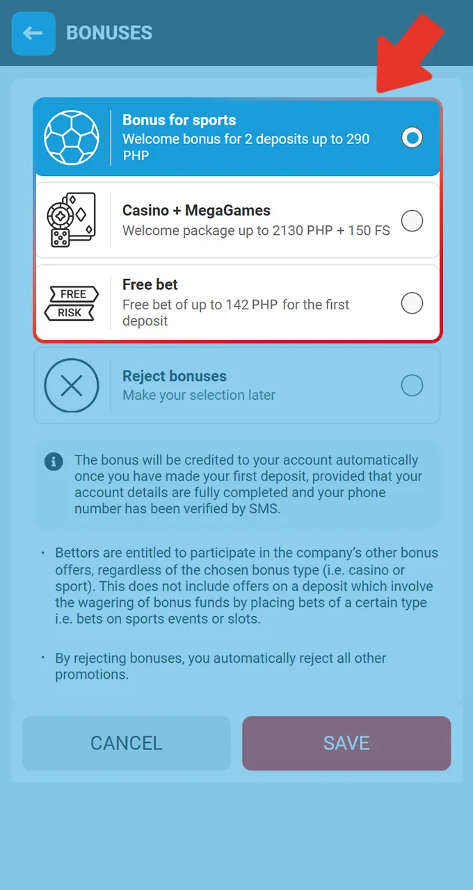 Select your preferred Megapari welcome bonus for casino games or sports betting upon registration.