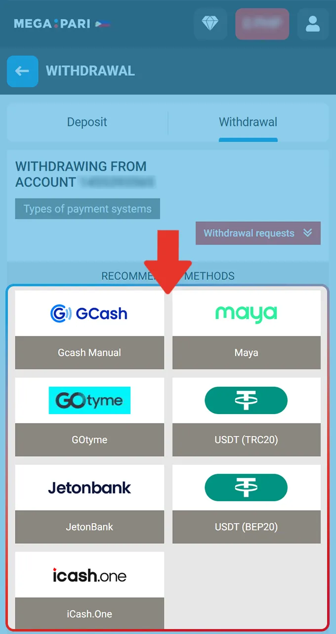 Choose a preferred Megapari withdrawal method like GCash, Maya, or any supported cryptocurrency.